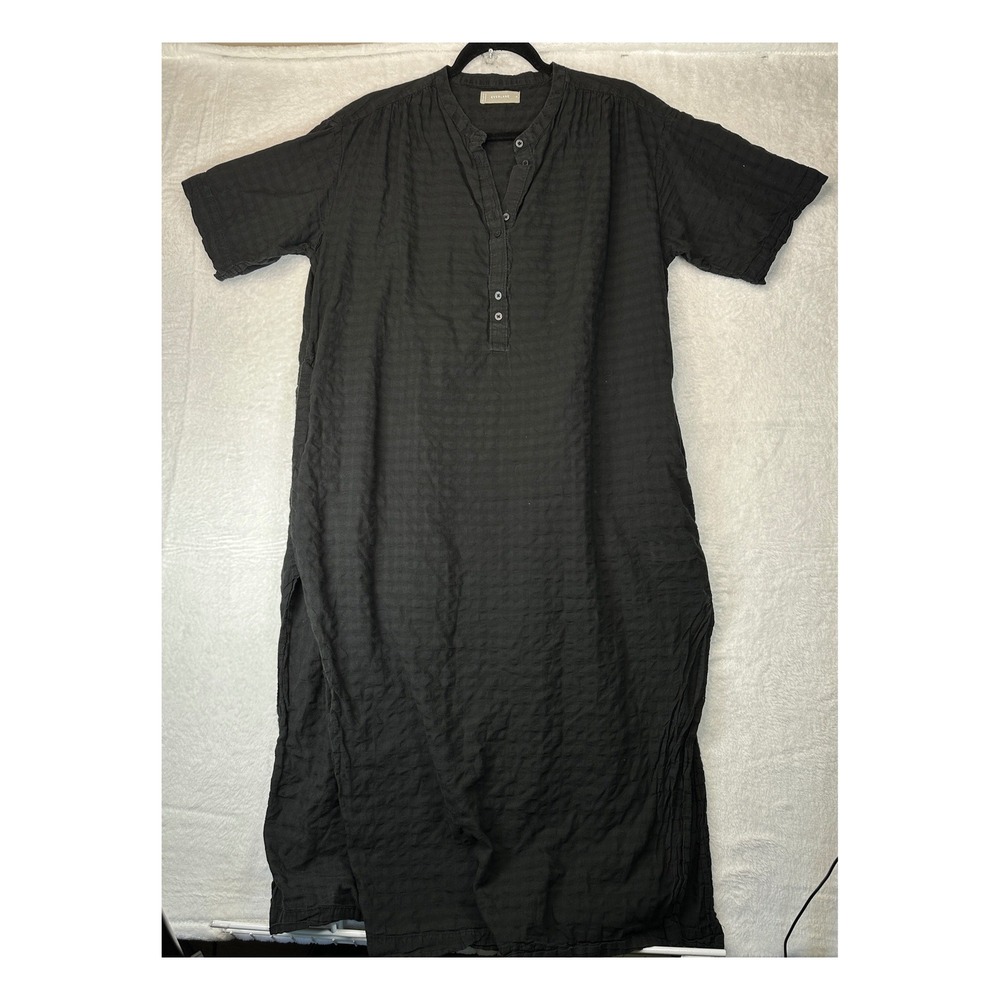 Everlane Henley Midi Dress Womens Medium Black Short Sleeve Gauze Seam Rip